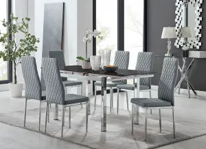 Enna Black Glass Extending Dining Table and 6 Grey Milan Chairs