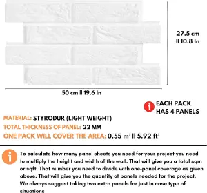 White Old Brick Effect Wall Panels Set of 4 Covers 5.81 ft² (0.54 m²) - Lightweight Styrofoam, Easy Install with Adhesive Included