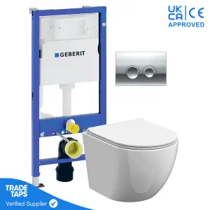 White Wall Hung Toilet Rimless Pan with Geberit Concealed Cistern Frame 112cm & Delta25 Gloss Chrome Flush Plate