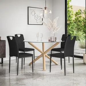 Malvern Round Dining Table And Chairs -  Clear Glass Table Top w Solid Oak Legs + Monza Faux Leather Dining Chair Set Of 4 (Black)