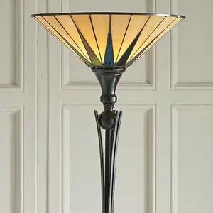 1.7m Tiffany Uplight Floor Lamp Black & Multi Colour Stained Glass Shade i00010