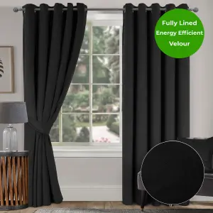 Home Curtains Thermal Interlined Soft Velour 90w x 90d" (229x229cm) Black Eyelet Curtains (PAIR)