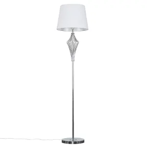 ValueLights Jaspa Modern Polished Chrome Metal Wire Geometric Diamond Design Floor Lamp with White Tapered Shade