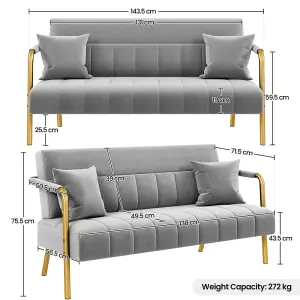 Yaheetech Light Grey Upholstered Sofa Couch with Gold-tone Metal Legs and 2 Pillows