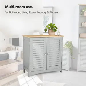 VonHaus Bathroom Storage Cabinet, Grey Bathroom Cupboard with Wood-Effect Top, Freestanding Towel Storage Cupboard w/ 2 Shelves