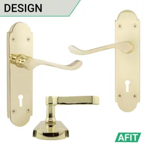 AFIT Polished Brass Door Handle Key Lock Set - Victorian Scroll - 1 Pair of Internal Door Handles, Hinges 76mm, Sash Lock 64mm