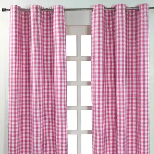 Homescapes Cotton Pink Block Check Gingham Eyelet Curtains 117 x 137 cm