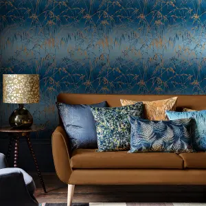 Clarissa Hulse Meadow Grass Teal & Gold effect Smooth Wallpaper