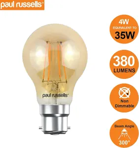 paul russells LED Filament GLS Bulb, 4W 380 Lumens, 35w Equivalent, 2200K Extra Warm White Amber, Pack of 3