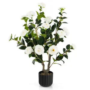 Costway Artificial Camellia Tree Faux Flower Plant Artificial Tree in Cement Pot Greenery Potted Plant Free Maintenance