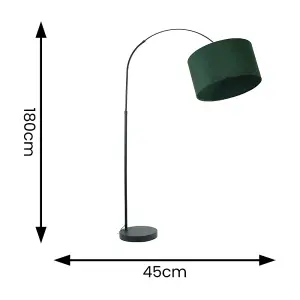 ValueLights Louis Black Arched Curved Floor Lamp with Forest Green Velvet Drum Lamp Shade and LED Bulb