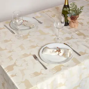 Homescapes Gold Stag Christmas Table Cloth, 132 x 228 cm