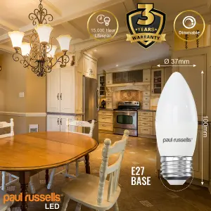 paul russells LED Candle Dimmable Bulb Edison Screw ES E27, 5.5W 470Lumens C37, 40w Equivalent, 2700K Warm White