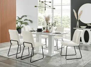 Imperia White High Gloss 6 Seater Dining Table with Structural 2 Plinth Column Legs Cream Fabric Halle Modern Chairs