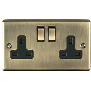 2 Gang Double UK Plug Socket ANTIQUE BRASS 13A Switched Mains Wall Power Outlet