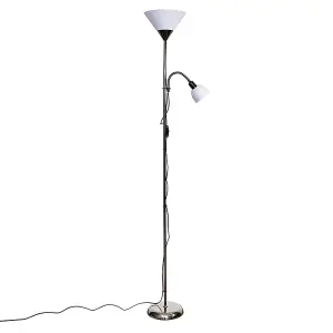 ValueLights Mozz Black Brushed Chrome 2 Way Parent & Child Uplighter and Spotlight Design Floor Lamp - with 2 x LED Bulbs