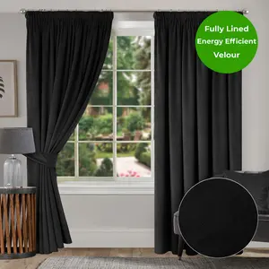 Home Curtains Montreal Super Soft Velour Fully Lined 65w x 54d" (165x137cm) Black 3" Pencil pleat Curtains (PAIR)