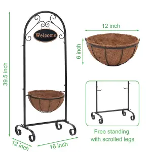 39.5 Inch  Metal Welcome Planter Basket Stand with Coco Liner - Hanging Planter with Decorative Welcome Sign for Outdoor Garden