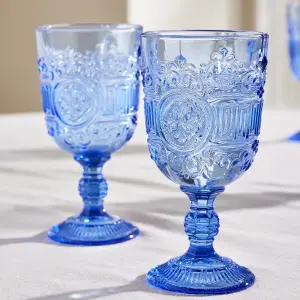 Set of 4 Vintage Luxury Blue Embossed Drinking Wine Glass Wine Goblets 300ml