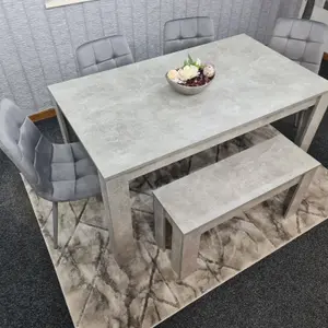 Grey Kitchen Dining Table, 4 Grey Tufted Velvet Chairs and 1 Bench Dining Set (140x80x75cm)