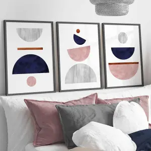 Navy Blue, Blush & Copper Textured Geometric Art Prints / 42x59cm (A2) / Black Frame