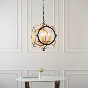 Matt Black & Gold Ceiling Pendant Light - 4 Bulb Hanging Circular Frame Fitting