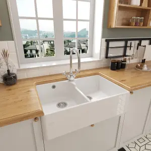 795mm - Double Bowl Fireclay Butler Kitchen Sink - Stepped Weir, Mixer Tap & Wastes