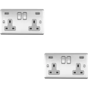 2 PACK 2 Gang Single UK Plug Socket & 2.1A USB SATIN STEEL & Grey 13A Switched