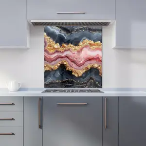 Black And Pink Marble Effect Premium Glass Kitchen Splashback W900mm x H650mm