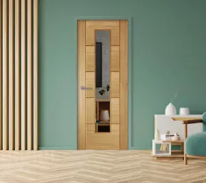 2 Lite Linear Clear Glazed Contemporary White oak veneer Internal Door, (H)1981mm (W)762mm (T)35mm