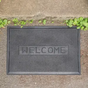 Nicola Spring Heavy Duty Rubber Door Mat - 60cm x 40cm - Black Welcome