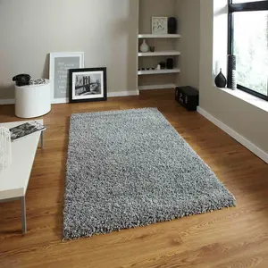 Contemporary Modern Grey Solid Plain Shaggy Rug-133cm (Circle)