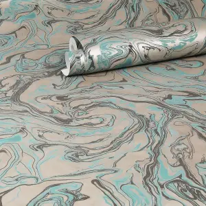 Fine Decor Marble Teal Silver Wallpaper Paste The Wall Textured Metallic Modern