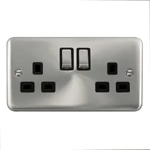 Curved Satin / Brushed Chrome 2 Gang 13A DP Ingot Twin Double Switched Plug Socket - Black Trim - SE Home