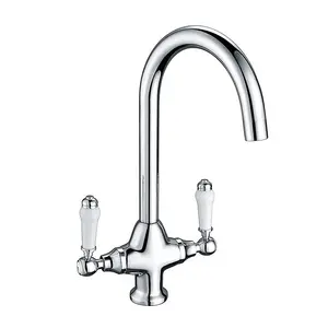 Twin Lever Traditional Mono Kitchen Sink Mixer Brass Tap Spout Ceramic Handle