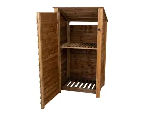 Wooden log store (roof sloping back) with door and kindling shelf W-99cm, H-180cm, D-88cm - brown finish