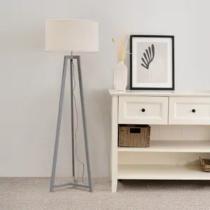 ValueLights Lottie Grey Wood Tripod Floor Lamp with Cream Boucle Drum Shade - LED Bulb Included