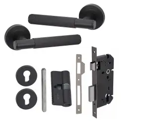 1 Set Knurled T-Bar Euro Lock Door Handle Set 70mm Barrell Key Matt Black Finish