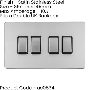 4 Gang Quad Light Switch SCREWLESS SATIN STEEL 2 Way 10A Metal Rocker Slim