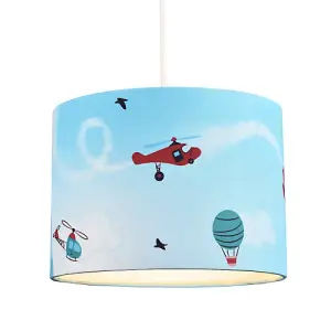 Sky Blue Kids Lampshade with Planes Hot Air Balloons and Helicopter Designs