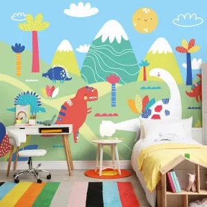 Origin Murals Children's Dinosaur Land Green Red Matt Smooth Paste the Wall 300cm wide x 240cm high