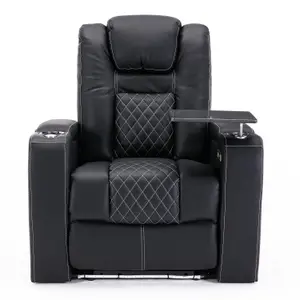 Broadway Cinema Electric Recliner Chair USB Charging Led Base With Tray (Black w White Stitching)