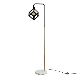 ValueLights Black/Chrome Metal & White Marble Base Floor Lamp With Black Puzzle Cube Shade - With 4w LED Bulb In Warm White