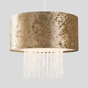 ValueLights Boland Pair of Gold Velvet Cylinder Ceiling Pendant Light Shades with Clear Acrylic Droplets