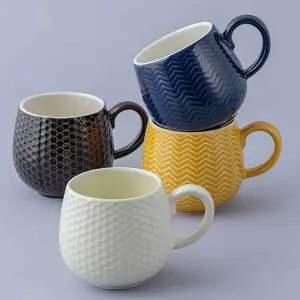 Set of 6 Embossed Honeycomb Cream Mug 350ml