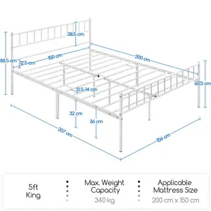 Minimalist Metal Bed Frame with Slatted Headboard White / Kingsize (5')