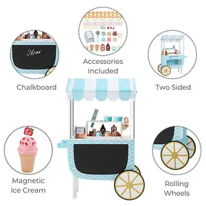 Teamson Kids My Little Helper Ice Cream Cart & 33 pc. Accessory Set, Blue/White