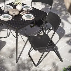 URBNGARDEN 82cm Height Black 6Pcs Rattan Effect Metal Folding Chairs Outdoor Indoor Dining Furniture