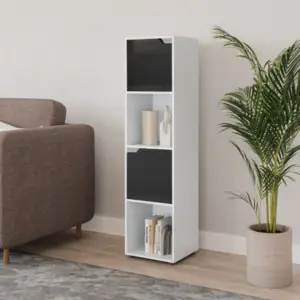 URBNLIVING 119cm Height 4 Cubes White Wooden Bookcase Shelving Display Shelf Black Door Storage Unit