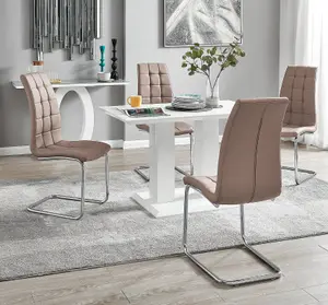 Furniturebox UK 4 Seater Dining Set - Imperia White High Gloss Dining Table and Chairs - 4 Cappuccino Beige Murano Chairs